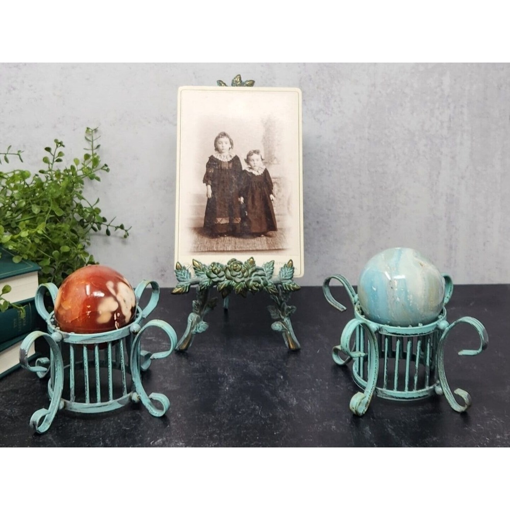 Vintage Set Turquoise Blue Brass Sphere Stands Photo Holder Crystal Ball Stand